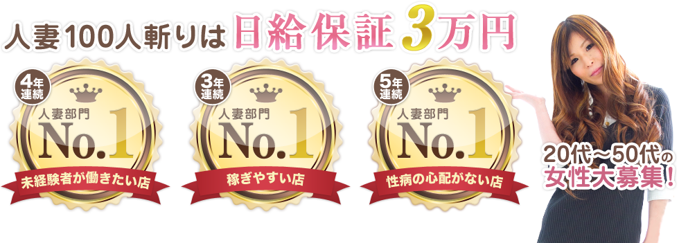 人妻100人斬りは日給保証3万円。未経験者が働きたい店4年連続No.1 稼ぎやすい店3年連続No.1 性病の心配がない店5年連続No.1