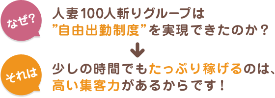 人妻100人斬りグループは”自由出勤制度”を実現できたのか？少しの時間でもたっぷり稼げるのは、高い集客力があるからです！